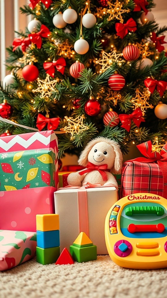 Top Christmas Gift Ideas for 2-Year-Old Girls A collection of Christmas gifts for a toddler, including a plush doll, building blocks, and a musical toy, under a Christmas tree.